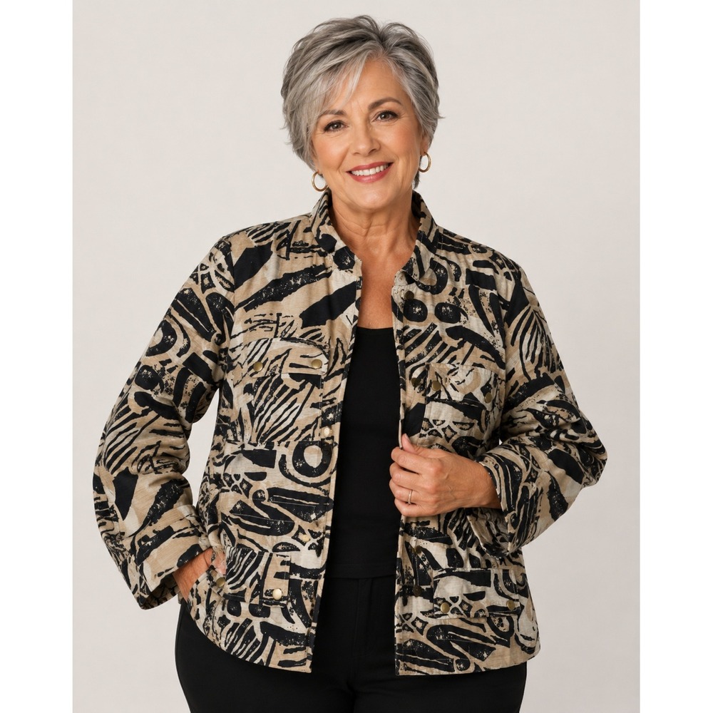 Silk Land Collection 1X Jacket Utility Safari‎ Abstract Silk Blend Tan Black